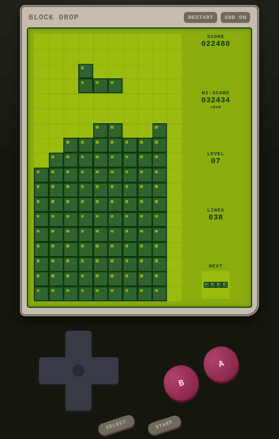 Block Drop, ein Stapelspiel wie Tetris, mitten in einer Partie, im Browserfenster gezeigt