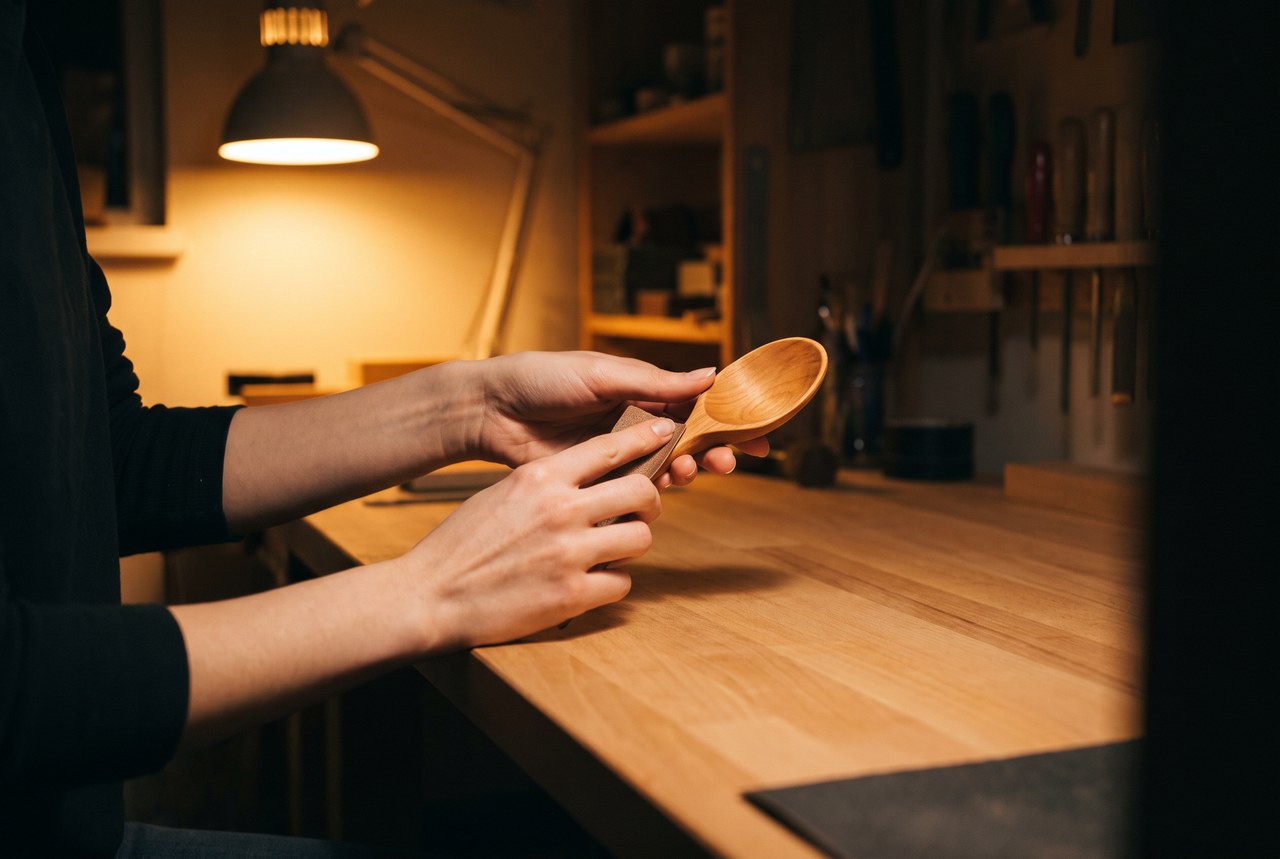 Eine warme Handwerkswerkstatt im Lampenlicht