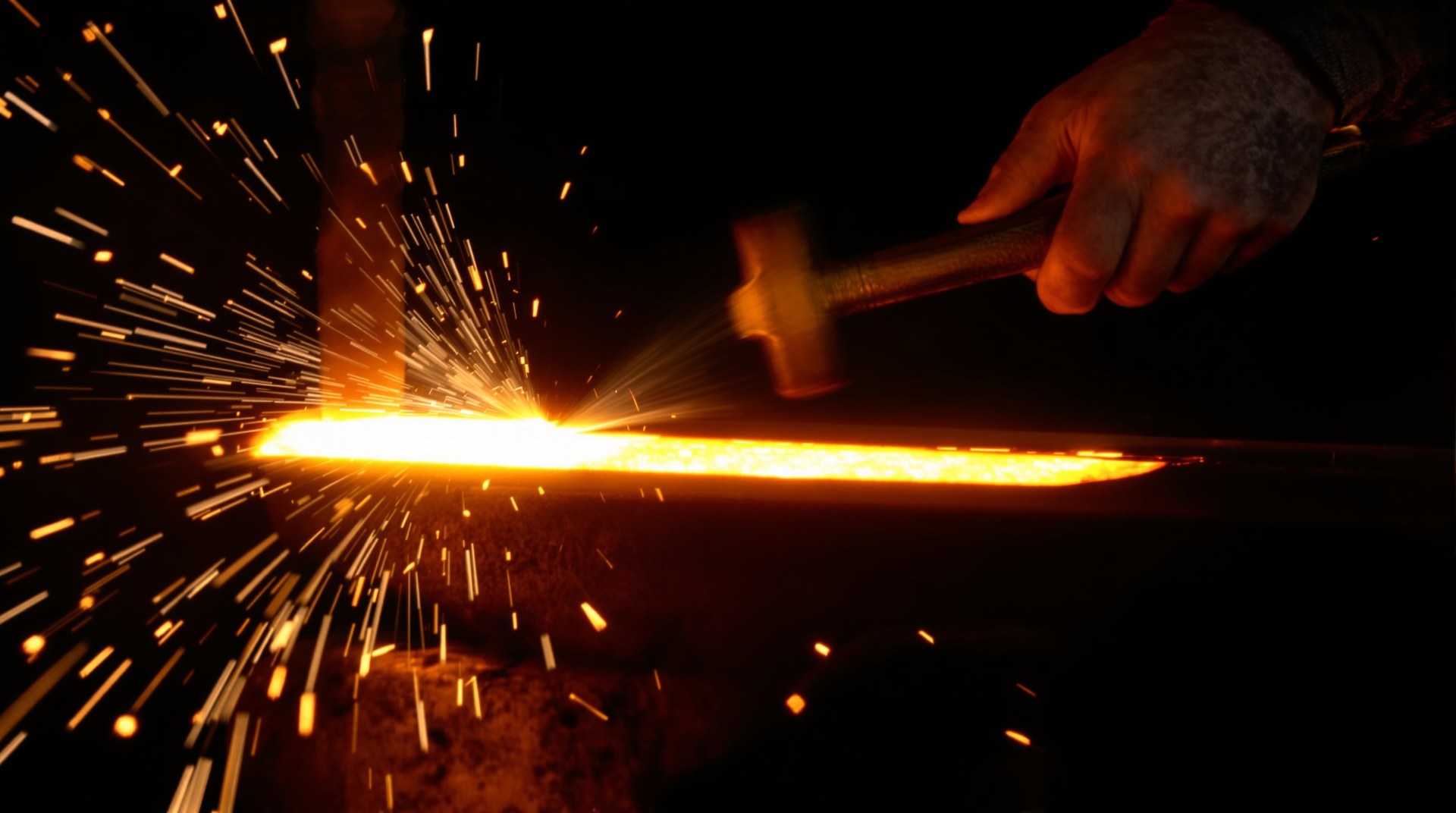 Ein Hammer trifft glühendes Metall, Funken sprühen nachts in der Werkstatt